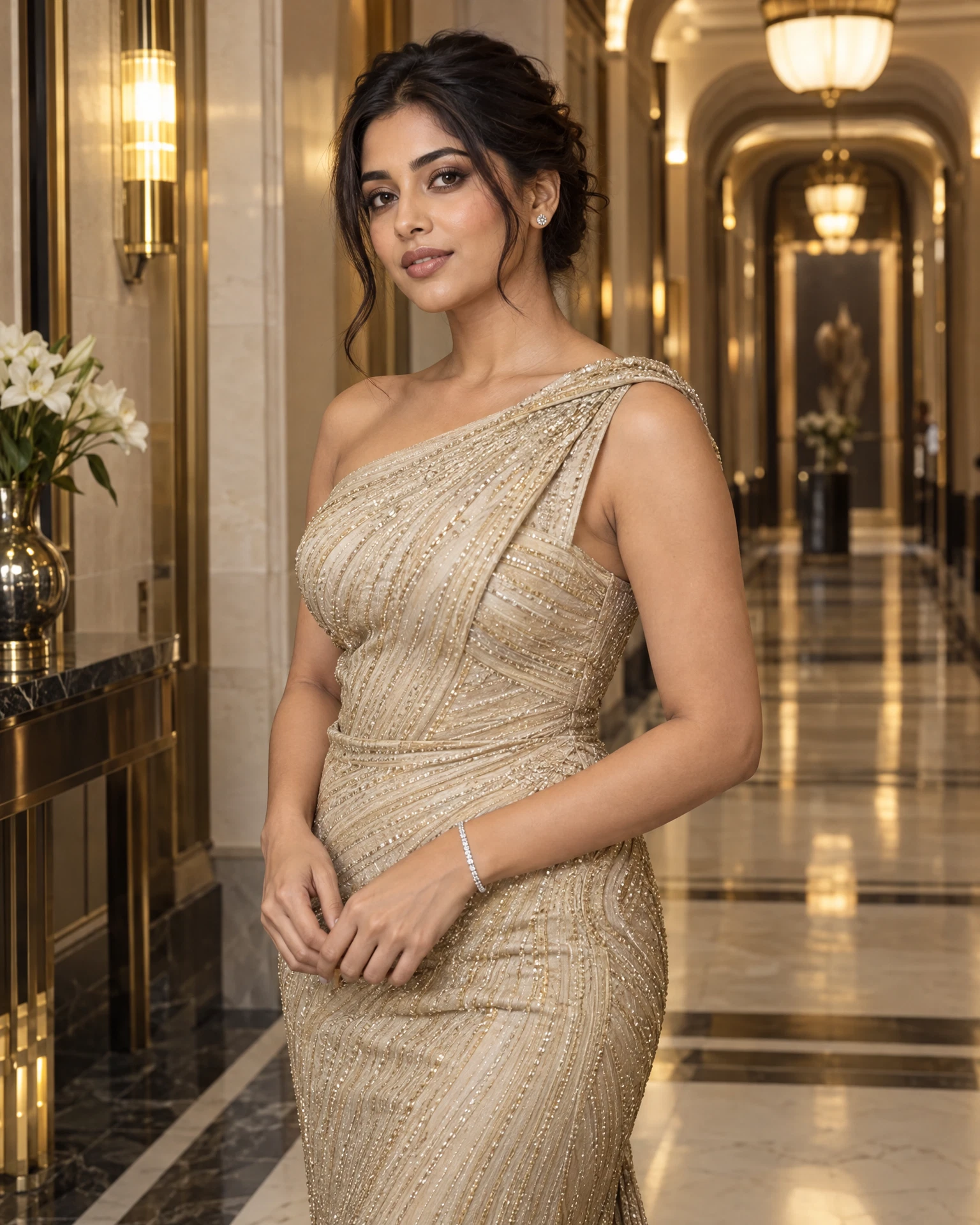 Adult South Asian model in a fully lined champagne evening dress with delicate jewellery styling